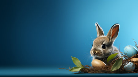 Easter bunny and eggs in nest on blue background with copy spaceの素材