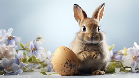 Easter rabbit with easter eggs and spring flowers on blue backgroundの素材
