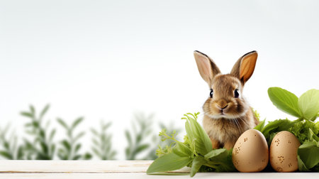 Easter bunny and easter eggs on white background with copy spaceの素材