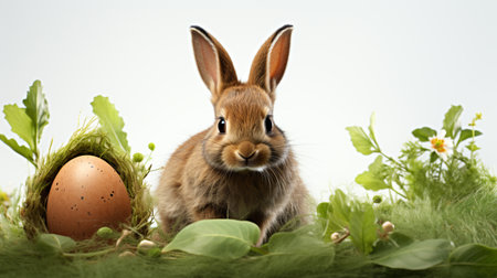 Easter bunny with eggs and green grass on white background. Studio shotの素材