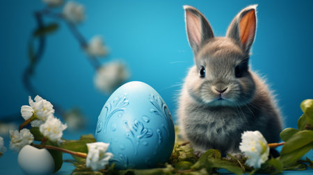 Easter bunny and eggs on a blue background. Happy Easter!の素材