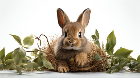 Rabbit in the nest with green leaves on a white background.の素材