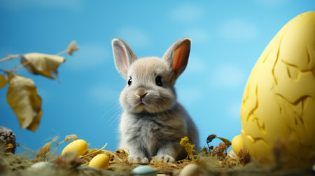 Easter bunny and easter eggs on blue sky background. Happy Easter concept.の素材