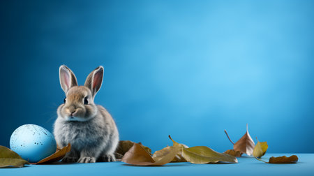 Rabbit and easter eggs on blue background. Easter concept.の素材