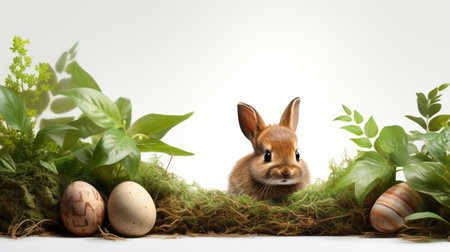 Easter bunny in nest with eggs and green plants on white backgroundの素材