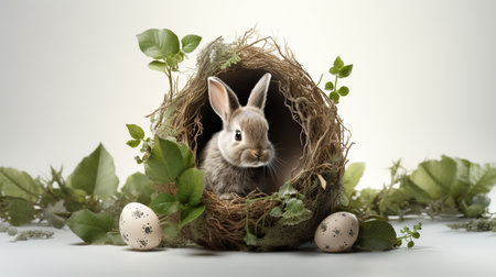 Easter bunny in a nest with green leaves on a white backgroundの素材