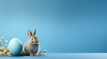 Easter bunny and easter egg on blue background with copy spaceの素材
