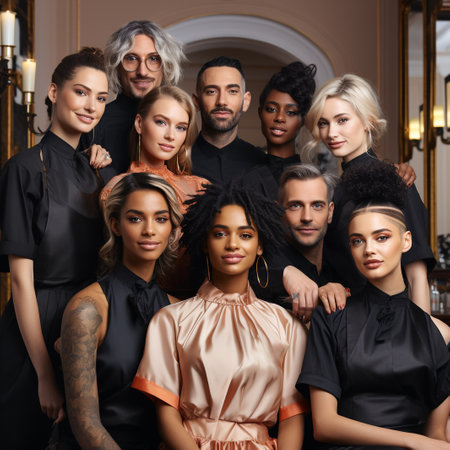 Group of diverse young people in black dresses posing in a luxury interiorの素材