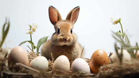 Easter bunny in nest with eggs and flowers on white background.の素材