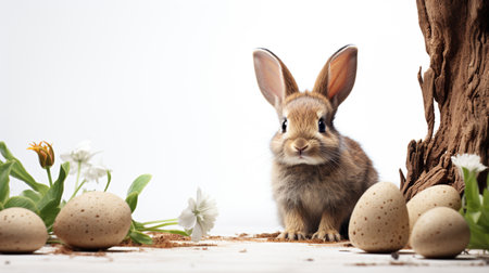Easter bunny with eggs and spring flowers on white background. Studio shot.の素材