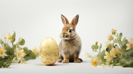 Easter bunny and easter egg on a white background with flowersの素材