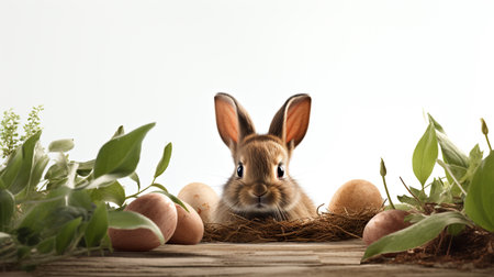 Easter bunny with eggs and green leaves on wooden table isolated on white backgroundの素材