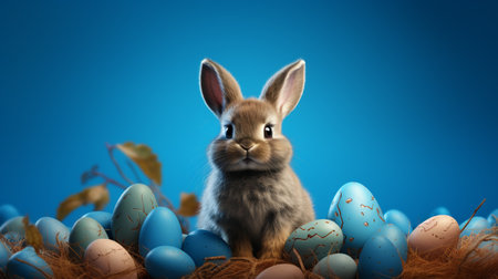 Easter bunny and easter eggs on blue background. 3d renderingの素材