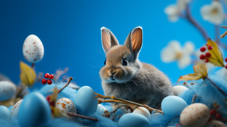 Easter bunny and easter eggs in nest on blue background.の素材