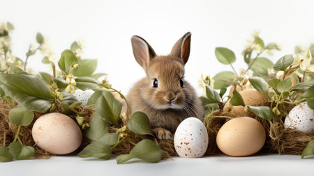 Easter bunny and easter eggs in nest on white background.の素材