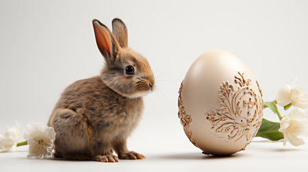 Easter bunny and easter egg with flowers on white background.の素材