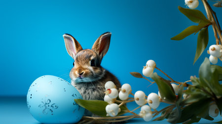 Easter bunny and eggs on blue background. Happy Easter concept.の素材
