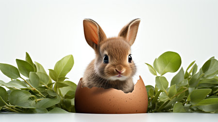 Easter bunny in egg shell with green leaves isolated on white backgroundの素材