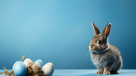 Easter bunny and eggs on blue background. Easter holiday concept.の素材