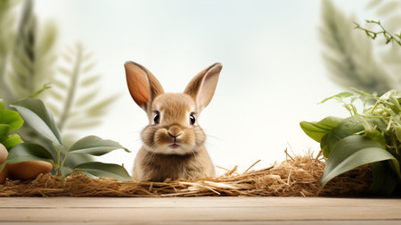 Easter bunny and eggs on wooden table with nature background. Happy Easter concept.の素材