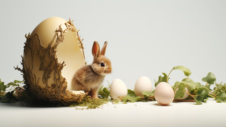 Easter bunny and easter eggs on white background with copy spaceの素材