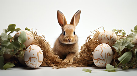 Easter bunny and easter eggs in nest on white background.の素材