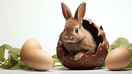 Easter bunny in a basket with eggs and leaves on white backgroundの素材