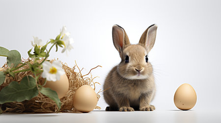 Easter bunny with eggs and flowers on white background. Studio shot.の素材