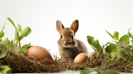 Rabbit and easter eggs in nest isolated on white background.の素材