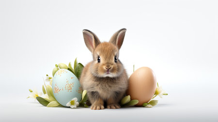 Cute little rabbit and easter eggs isolated on white background.の素材