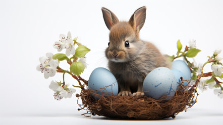 Easter bunny and easter eggs in a nest on white backgroundの素材