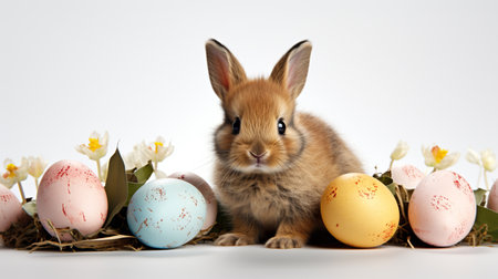 Cute easter bunny and easter eggs on a white backgroundの素材