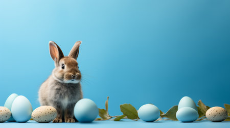 Easter bunny and eggs on blue background. Happy Easter concept.の素材