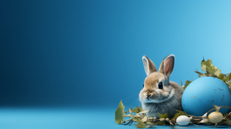 Easter bunny and easter eggs on blue background with copy spaceの素材