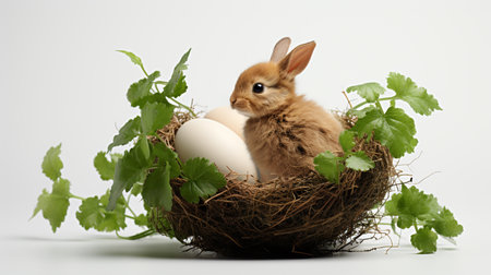 Easter bunny in nest with eggs and parsley on white backgroundの素材