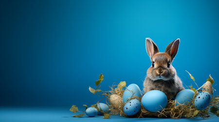 Easter bunny and easter eggs on blue background. 3d renderingの素材
