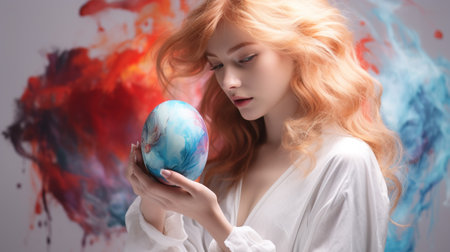 Beautiful young woman with long red hair holding earth globe in her hands.の素材