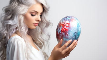 Beautiful young woman with long wavy hair holding Easter egg.の素材