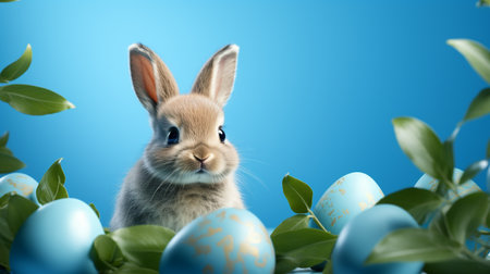Cute easter bunny and eggs on blue background. 3d renderingの素材