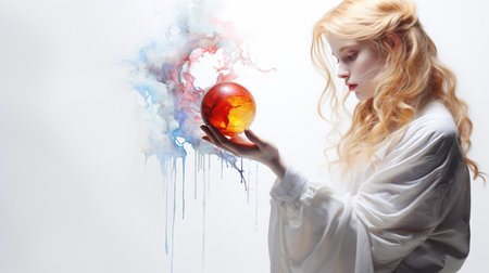 Young pretty woman with crystal ball and colorful smoke in her hands.の素材