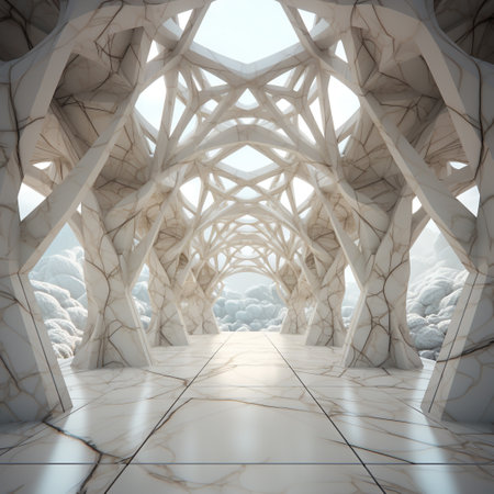 3d render of abstract interior design with white marble and blue skyの素材