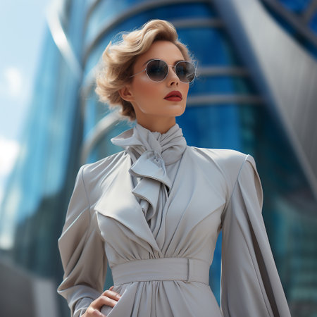 Fashionable young woman in sunglasses on the background of a modern buildingの素材