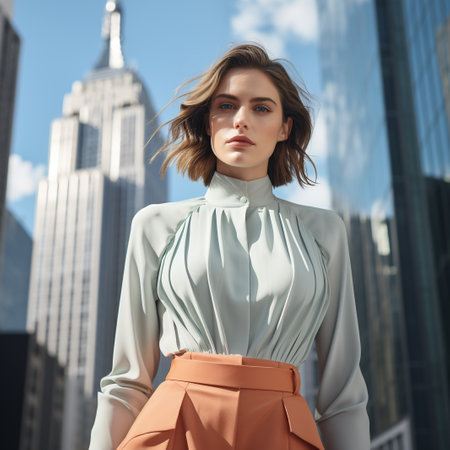 Fashionable young woman posing in New York City, wearing a white blouse and orange skirt.の素材