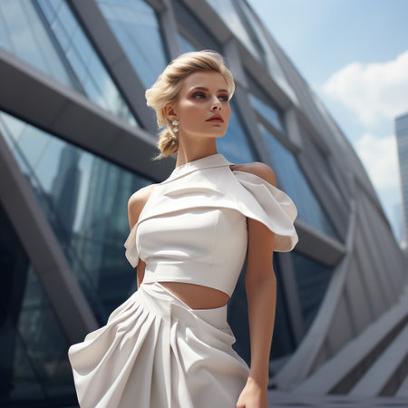 fashion outdoor photo of beautiful woman with blond hair in elegant dress posing in the cityの素材
