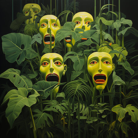 Fantasy green monstera forest with scary monsters. Vector illustration.の素材