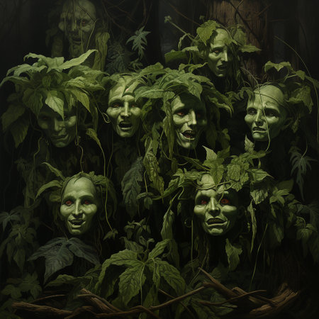 Scary zombies with green leaves in the forest. Halloween concept.の素材