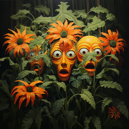 Illustration of a scary monster with flowers on a dark background.の素材