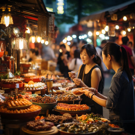 Asian woman shopping at the night market in Seoul, South Korea.の素材