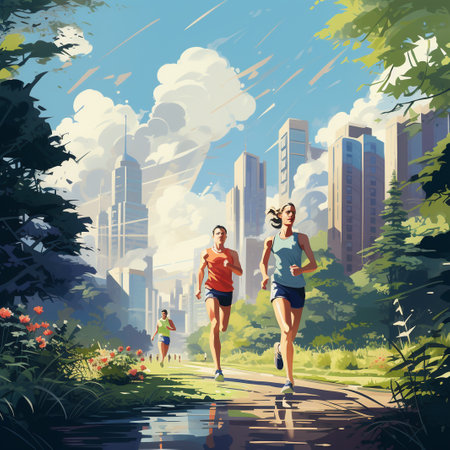 Sporty young couple jogging in the city park. Vector illustrationの素材