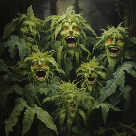 3d illustration of green monster in the dark forest with scary eyesの素材